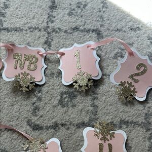 Pink and Gold winter 1st birthday baby photo banner & matching confetti